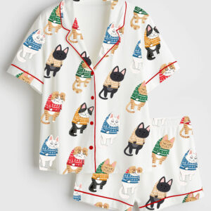 Womenâ€™s Funny Cats Christmas Tree Cat Mom Animal Lover Short Sleeve Satin Pajama Set