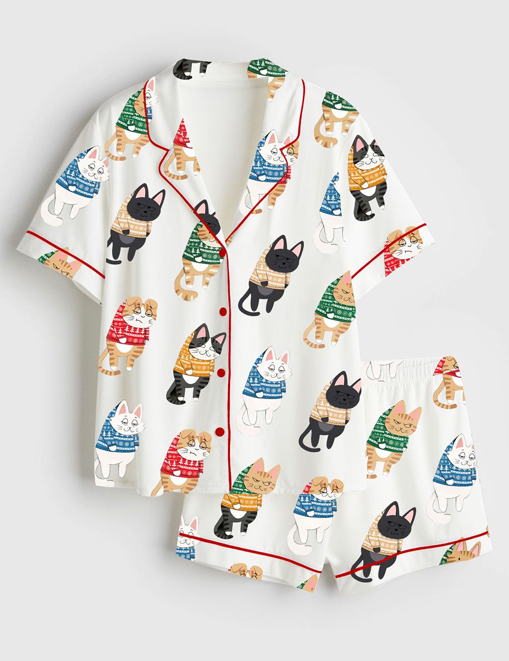 Womenâ€™s Funny Cats Christmas Tree Cat Mom Animal Lover Short Sleeve Satin Pajama Set