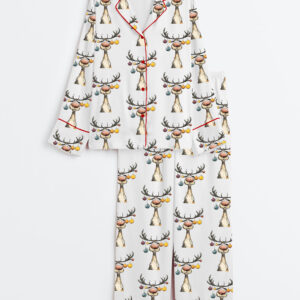 Women's Funny Christmas Reindeer Long Sleeve Satin Pajamas Set