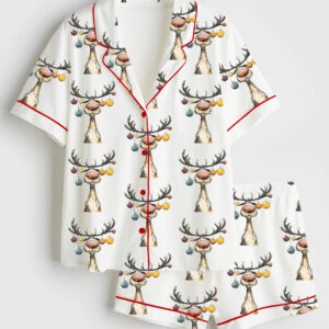 Womenâ€™s Funny Christmas Reindeer Short Sleeve Satin Pajama Set