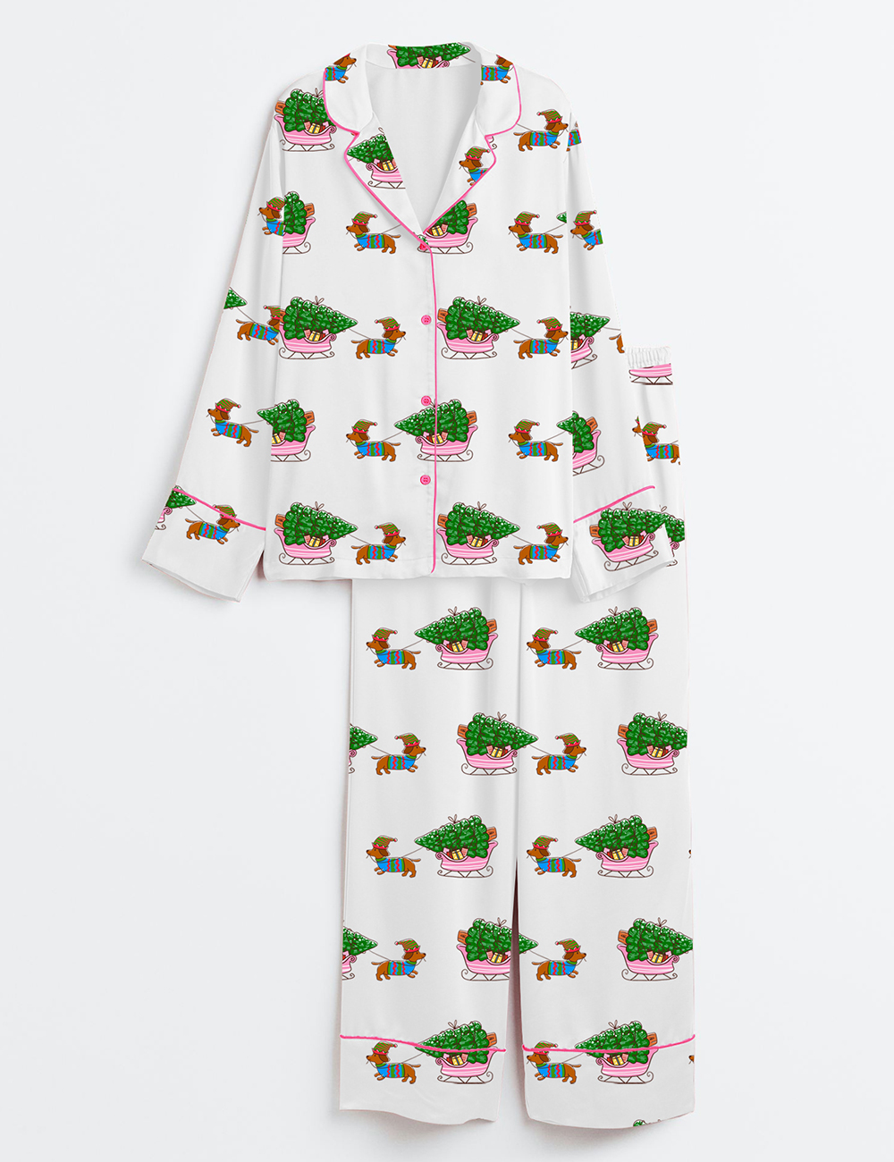 Women’s Funny Christmas Tree Dachshund Dog Through The Mow Long Sleeve Satin Pajama Set