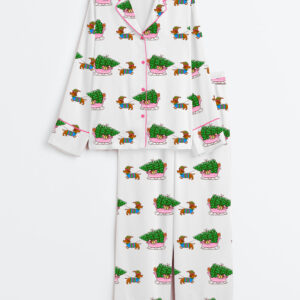 Women's Funny Christmas Tree Dachshund Dog Through The Mow Long Sleeve Satin Pajamas Set