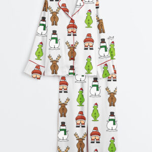 Women's Funny Coquette Christmas Grinch Santa Reindeer Snowman Long Sleeve Satin Pajamas Set