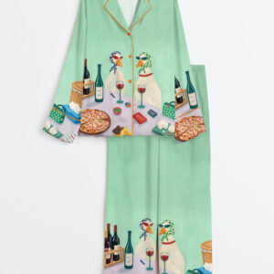 Women's Funny Duck Wine Quirky Stylish Ducks Cheese And Wine Scene Long Sleeve Satin Pajamas Set