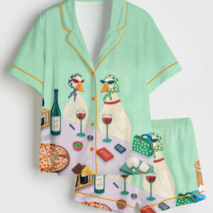 Womenâ€™s Funny Duck Wine Quirky Stylish Ducks Cheese And Wine Scene Short Sleeve Satin Pajama Set
