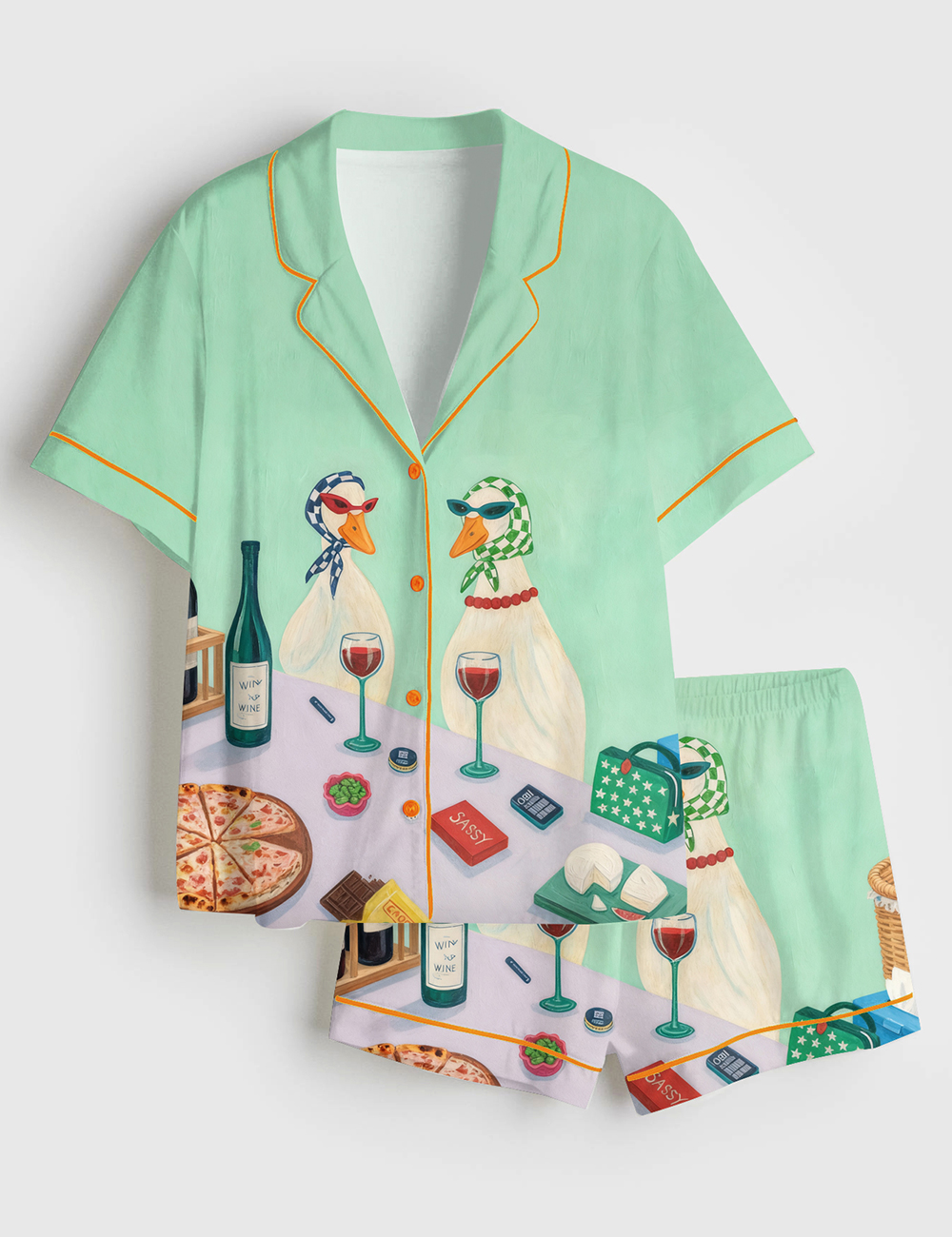 Women’s Funny Duck Wine Quirky Stylish Ducks Cheese And Wine Scene Short Sleeve Satin Pajama Set