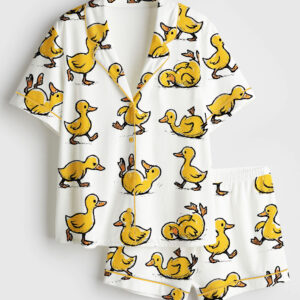 Womenâ€™s Funny Ducks Not All In a Row Sarcastic Mental Health Cute Duck Short Sleeve Satin Pajama Set