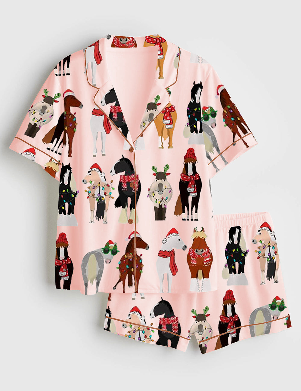 Women's Funny Horse Christmas Short Sleeve Satin Pajama Set
