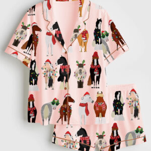 Women's Funny Horse Christmas Short Sleeve Satin Pajamas Set