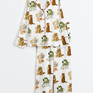 Women's Funny Quirky Toilet Humor Duck Frog Raccoon And Otter In Bathroom Long Sleeve Satin Pajamas Set