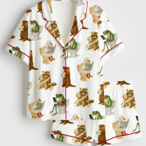 Womenâ€™s Funny Quirky Toilet Humor Duck Frog Raccoon And Otter In Bathroom Short Sleeve Satin Pajama Set