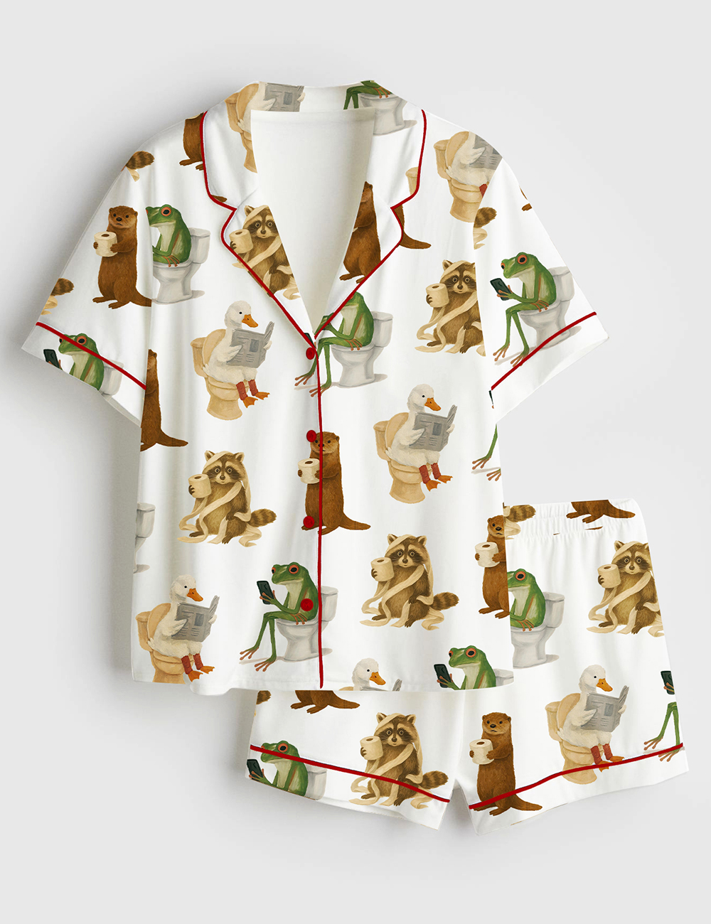 Women’s Funny Quirky Toilet Humor Duck Frog Raccoon And Otter In Bathroom Short Sleeve Satin Pajama Set