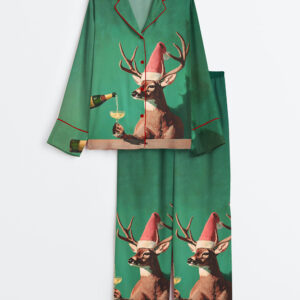 Women's Funny Reindeer Christmas Deer Champagne Cocktail Print Long Sleeve Satin Pajamas Set