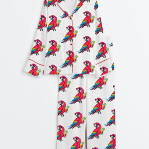 Women's Funny Retired Parrot Tropical Sunset It's 5 O'clock Somewhere Long Sleeve Satin Pajamas Set