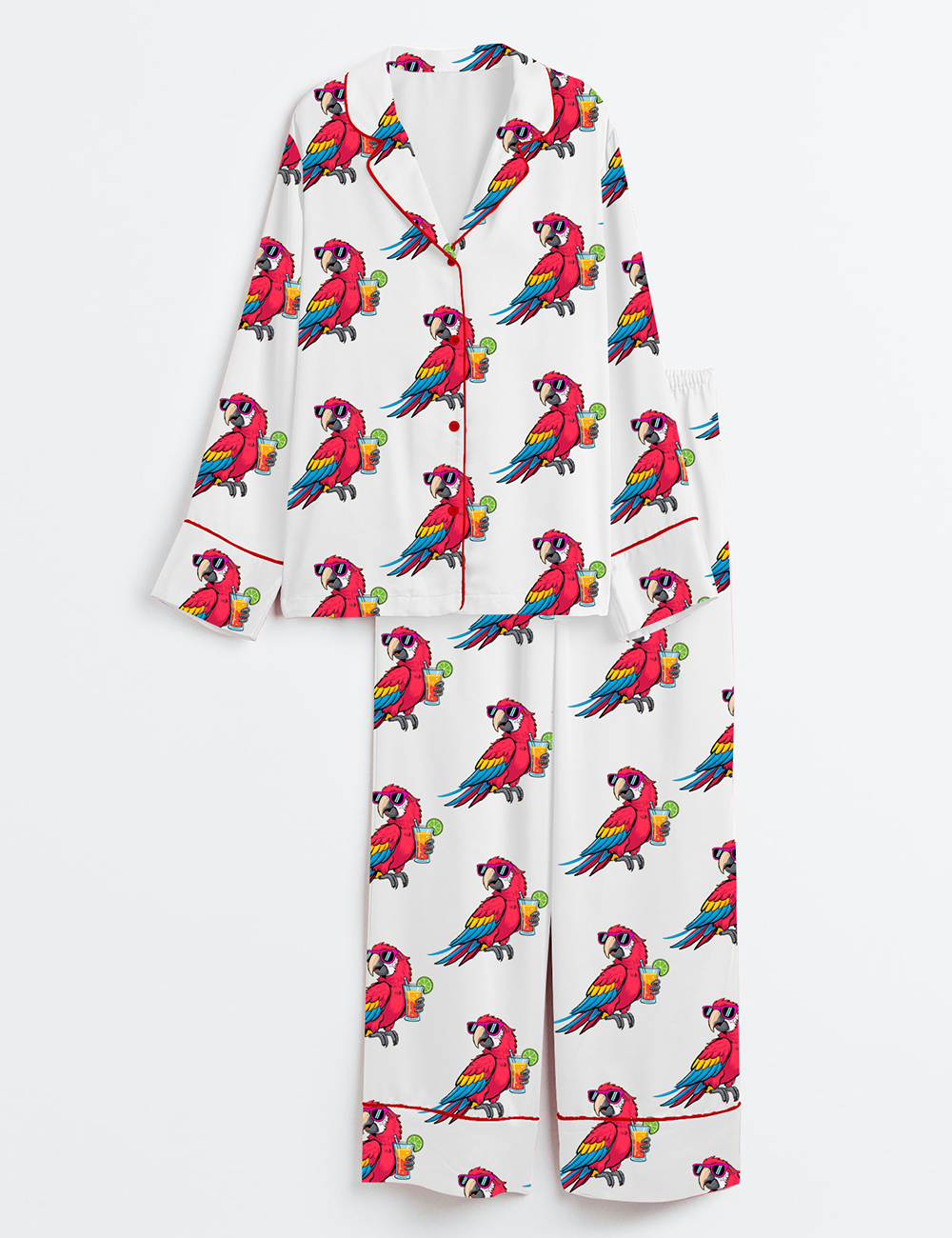 Women's Funny Retired Parrot Tropical Sunset It's 5 O'clock Somewhere Long Sleeve Satin Pajamas Set