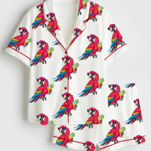 Womenâ€™s Funny Retired Parrot Tropical Sunset It's 5 O'clock Somewhere Short Sleeve Satin Pajama Set