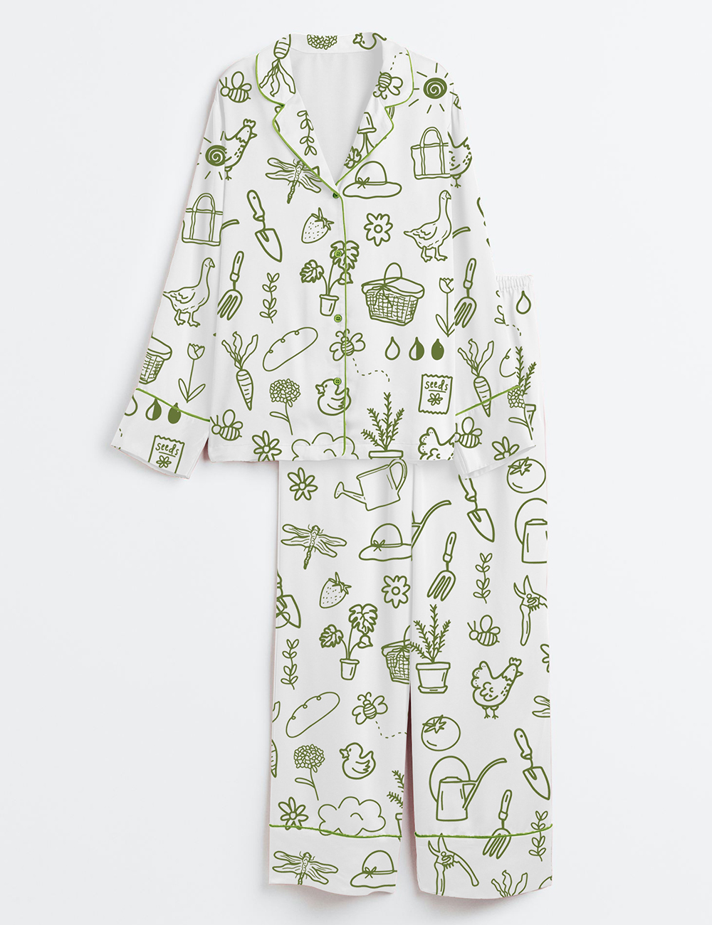 Womenâ€™s Garden Cottage Cottagecore Gardening Floral Bees Tools Animals Plant Flowers Trees Long Sleeve Satin Pajama Set