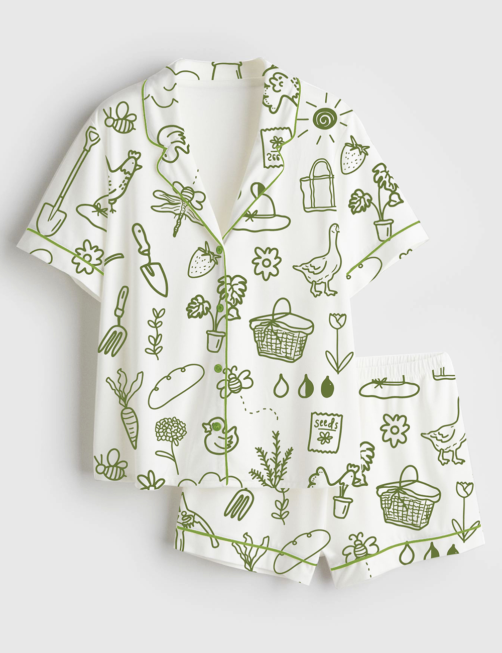 Womenâ€™s Garden Cottage Cottagecore Gardening Floral Bees Tools Animals Plant Flowers Trees Short Sleeve Satin Pajama Set