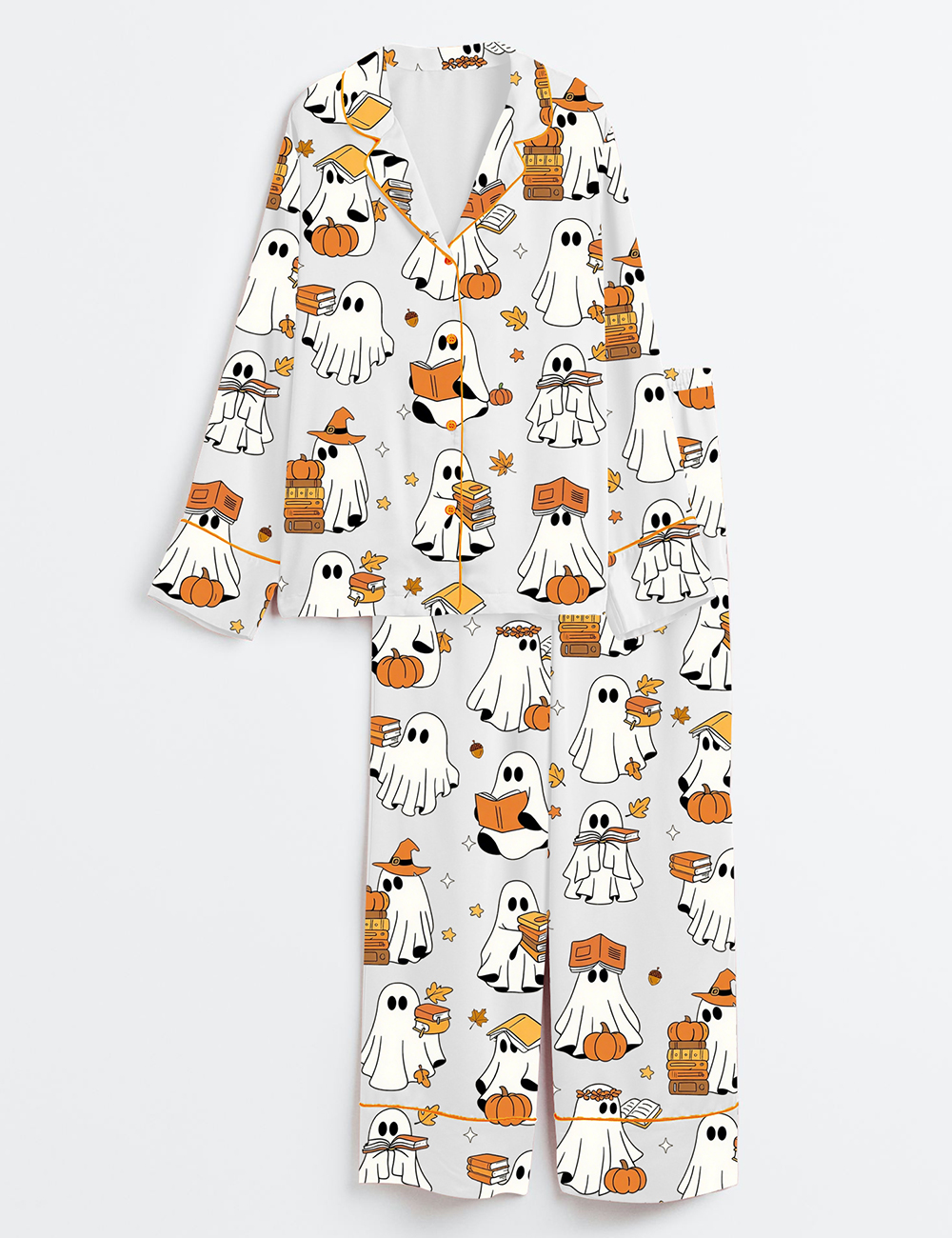 Womenâ€™s Ghost Books Halloween Long Sleeve Satin Pajama Set