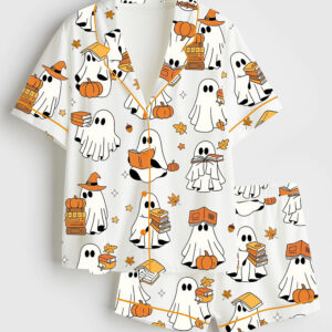 Womenâ€™s Ghost Books Halloween Short Sleeve Satin Pajama Set