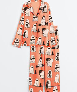 Women's Ghost Cat Retro Ghost Halloween Spooky Season Long Sleeve Satin Pajama Set