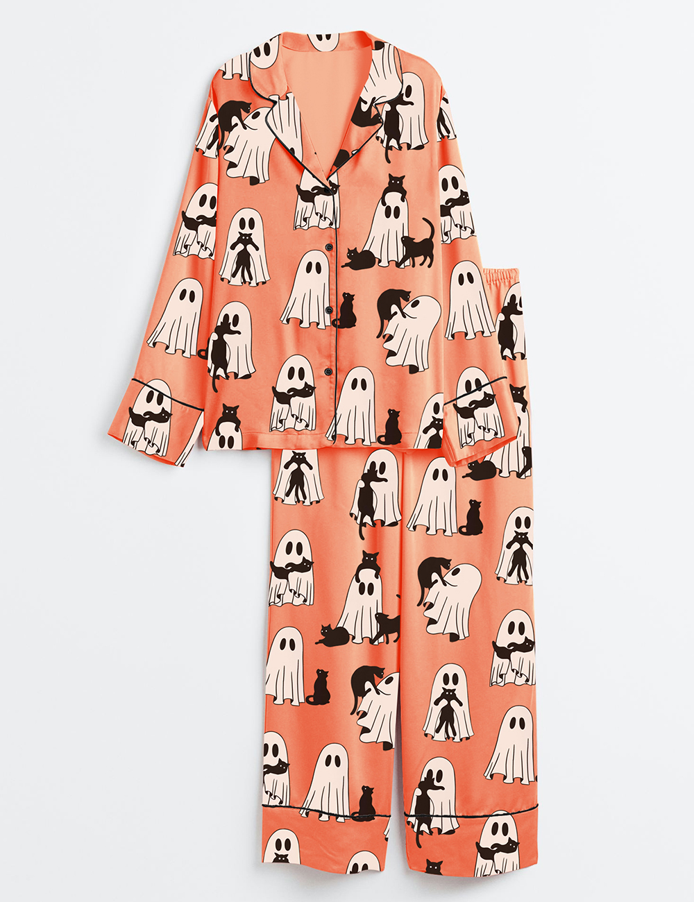 Womenâ€™s Ghost Cat Retro Ghost Halloween Spooky Season Long Sleeve Satin Pajama Set