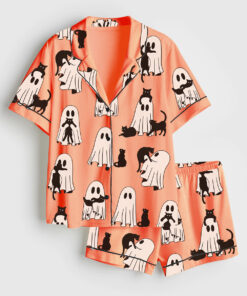Women's Ghost Cat Retro Ghost Halloween Spooky Season Short Sleeve Satin Pajama Set