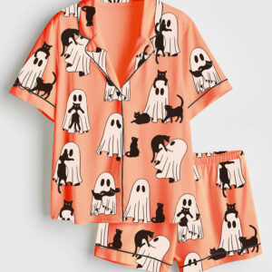 Womenâ€™s Ghost Cat Retro Ghost Halloween Spooky Season Short Sleeve Satin Pajama Set