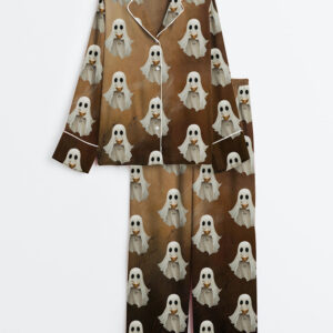 Womenâ€™s Ghost Drinking Cocktail Espresso Martini Halloween Long Sleeve Satin Pajama Set