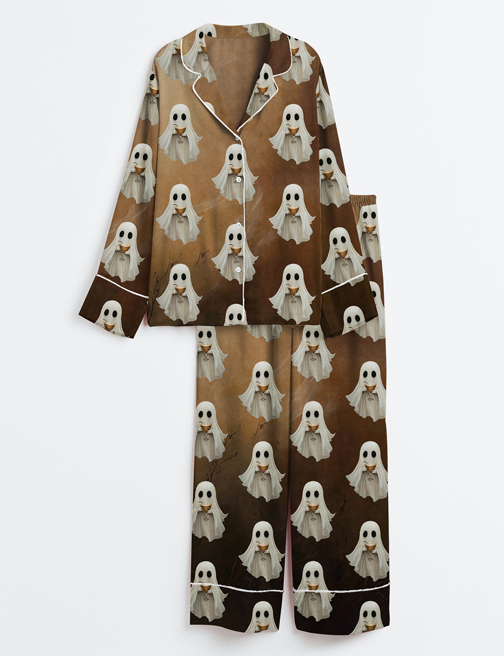 Womenâ€™s Ghost Drinking Cocktail Espresso Martini Halloween Long Sleeve Satin Pajama Set