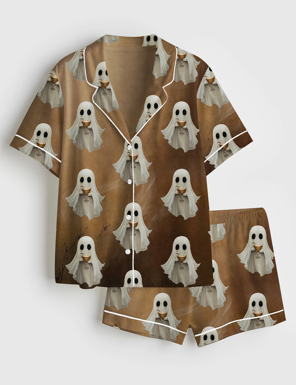 Womenâ€™s Ghost Drinking Cocktail Espresso Martini Halloween Short Sleeve Satin Pajama Set