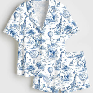 Womenâ€™s Giraffe Elephant Short Sleeve Satin Pajama Set