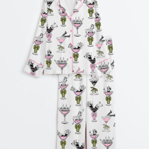 Women's Girls In Martini Glass Hand Drawn Martini Drinks And Cheering Western Girls Print Long Sleeve Satin Pajamas Set
