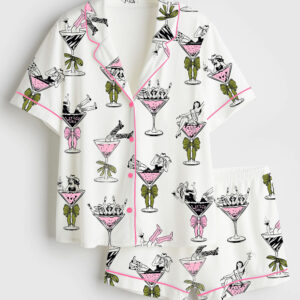 Womenâ€™s Girls In Martini Glass Hand Drawn Martini Drinks And Cheering Western Girls Print Short Sleeve Satin Pajama Set