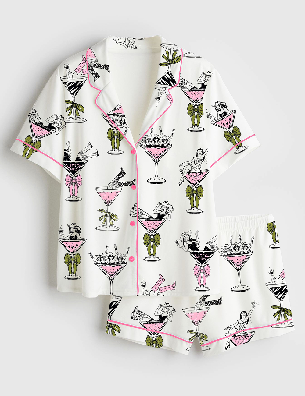 Womenâ€™s Girls In Martini Glass Hand Drawn Martini Drinks And Cheering Western Girls Print Short Sleeve Satin Pajama Set