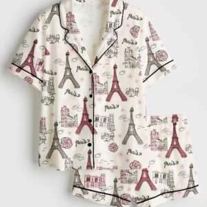 Womenâ€™s Girls Trip Paris Vacation Travel Short Sleeve Satin Pajama Set