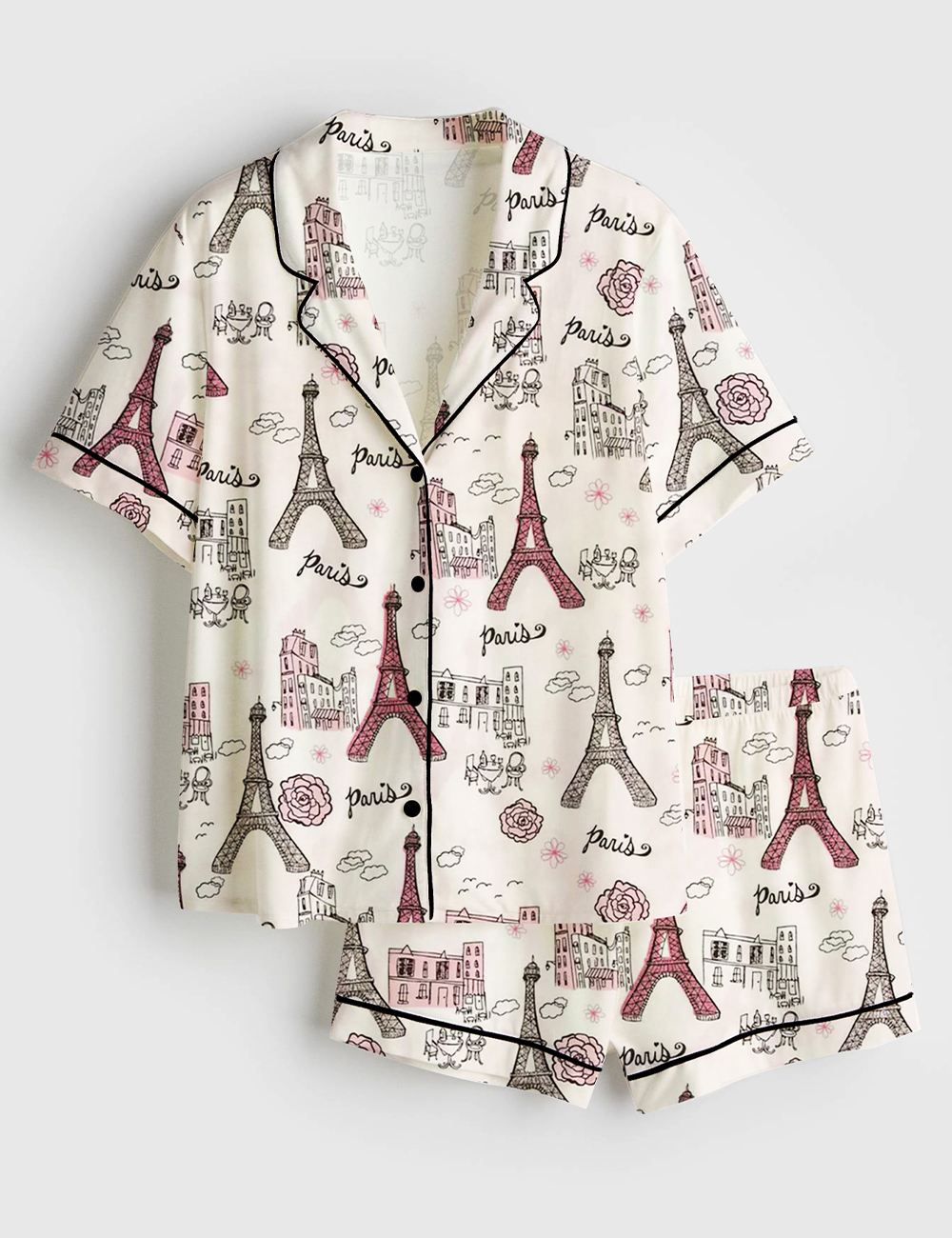 Womenâ€™s Girls Trip Paris Vacation Travel Short Sleeve Satin Pajama Set