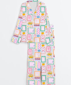 Women's Girly Back To School Coquette Bows Preppy Girl Go To School Print Long Sleeve Satin Pajama Set