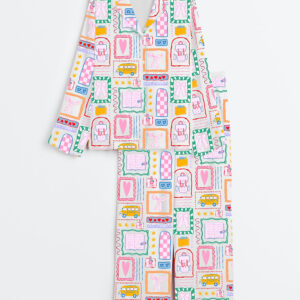 Womenâ€™s Girly Back To School Coquette Bows Preppy Girl Go To School Print Long Sleeve Satin Pajama Set