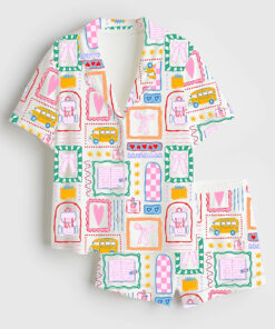 Women's Girly Back To School Coquette Bows Preppy Girl Go To School Print Short Sleeve Satin Pajama Set