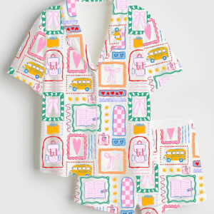 Womenâ€™s Girly Back To School Coquette Bows Preppy Girl Go To School Print Short Sleeve Satin Pajama Set