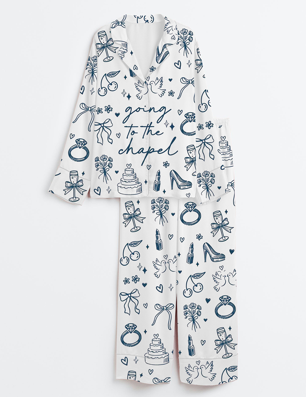 Womenâ€™s Going To The Chapel Coquette Bachelorette Wedding Bride Long Sleeve Satin Pajama Set