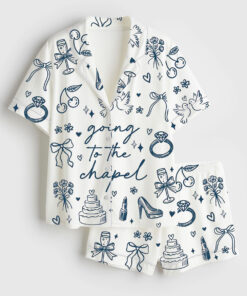 Women's Going To The Chapel Coquette Bachelorette Wedding Bride Short Sleeve Satin Pajama Set