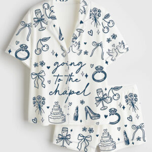 Womenâ€™s Going To The Chapel Coquette Bachelorette Wedding Bride Short Sleeve Satin Pajama Set