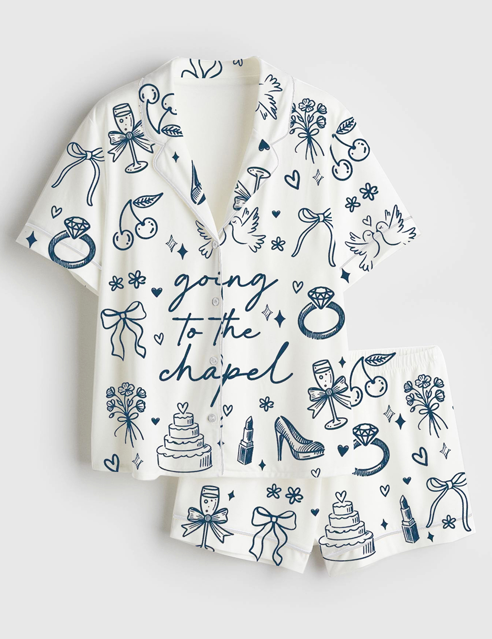 Womenâ€™s Going To The Chapel Coquette Bachelorette Wedding Bride Short Sleeve Satin Pajama Set