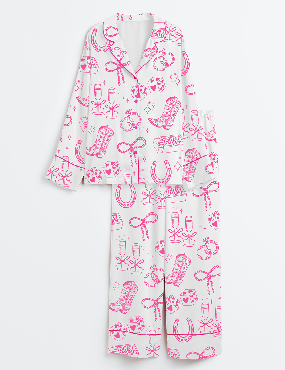 Womenâ€™s Going To The Chapel Cowgirl Bride Coquette Bridal Bow Floral Wedding Long Sleeve Satin Pajama Set