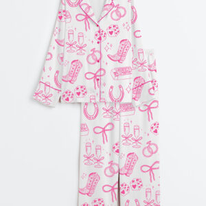 Women's Going To The Chapel Cowgirl Bride Coquette Bridal Bow Floral Wedding Long Sleeve Satin Pajamas Set