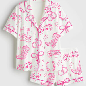 Womenâ€™s Going To The Chapel Cowgirl Bride Coquette Bridal Bow Floral Wedding Short Sleeve Satin Pajama Set