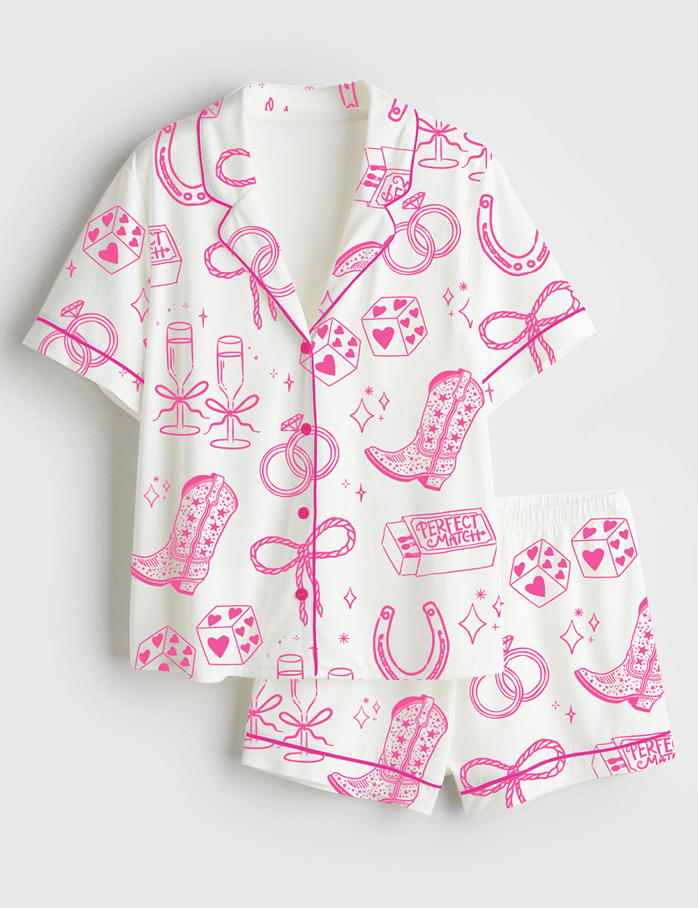 Womenâ€™s Going To The Chapel Cowgirl Bride Coquette Bridal Bow Floral Wedding Short Sleeve Satin Pajama Set