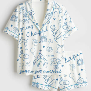 Womenâ€™s Going To The Chapel Gonna Get Married Bachelorette Bride Wedding Art Print Short Sleeve Satin Pajama Set